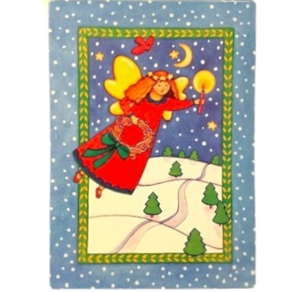 5 Christmas Cards Flying Angel with Wreath and Candle
